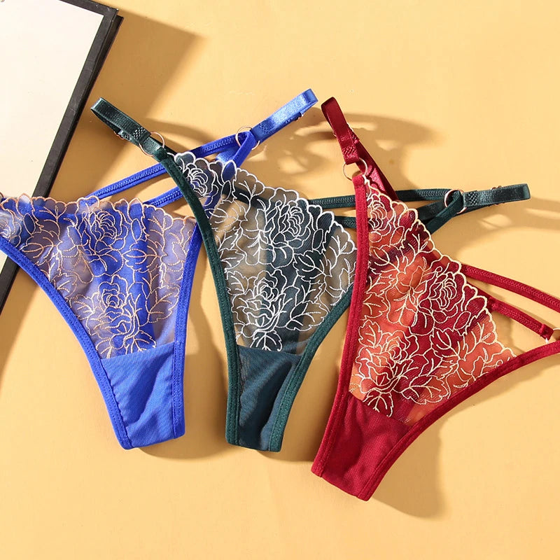 Crisscross Strap Rose Embroidery Hollow Sheer Thong