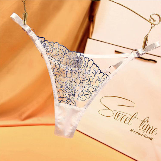 Crisscross Strap Rose Embroidery Hollow Sheer Thong
