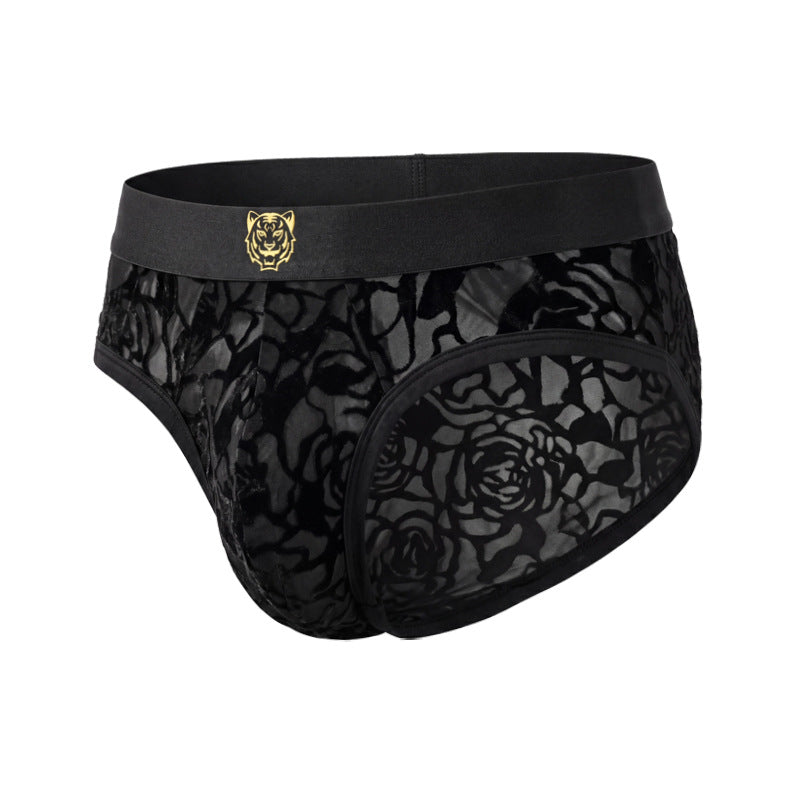 3D Rose Flocked Sheer Mesh Tiger Badge Low-Rise Briefs