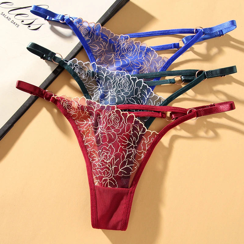 Crisscross Strap Rose Embroidery Hollow Sheer Thong
