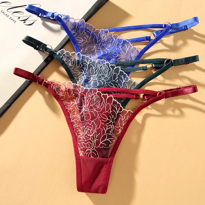 Crisscross Strap Rose Embroidery Hollow Sheer Thong