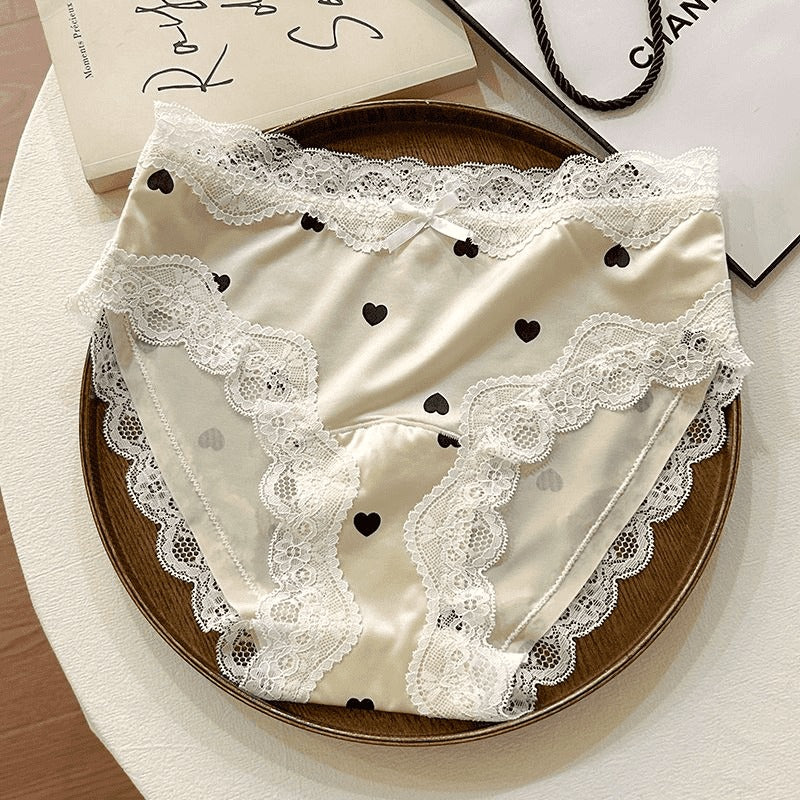 QS Heart Print Bow Lace Trim Panties (4 Packs)