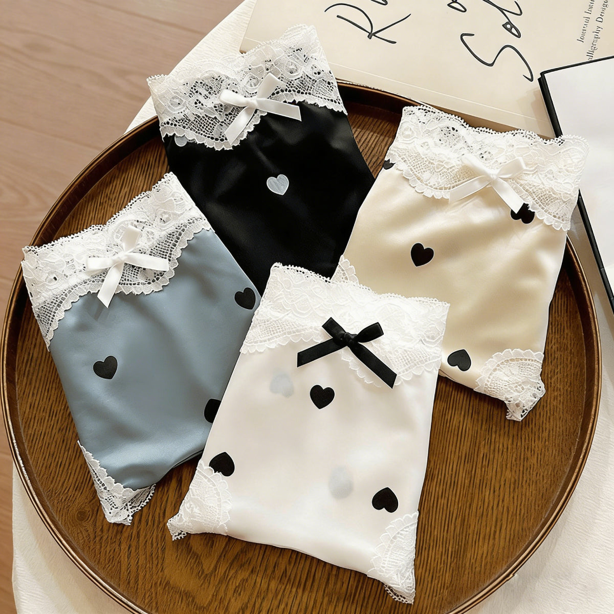 QS Heart Print Bow Lace Trim Panties (4 Packs)