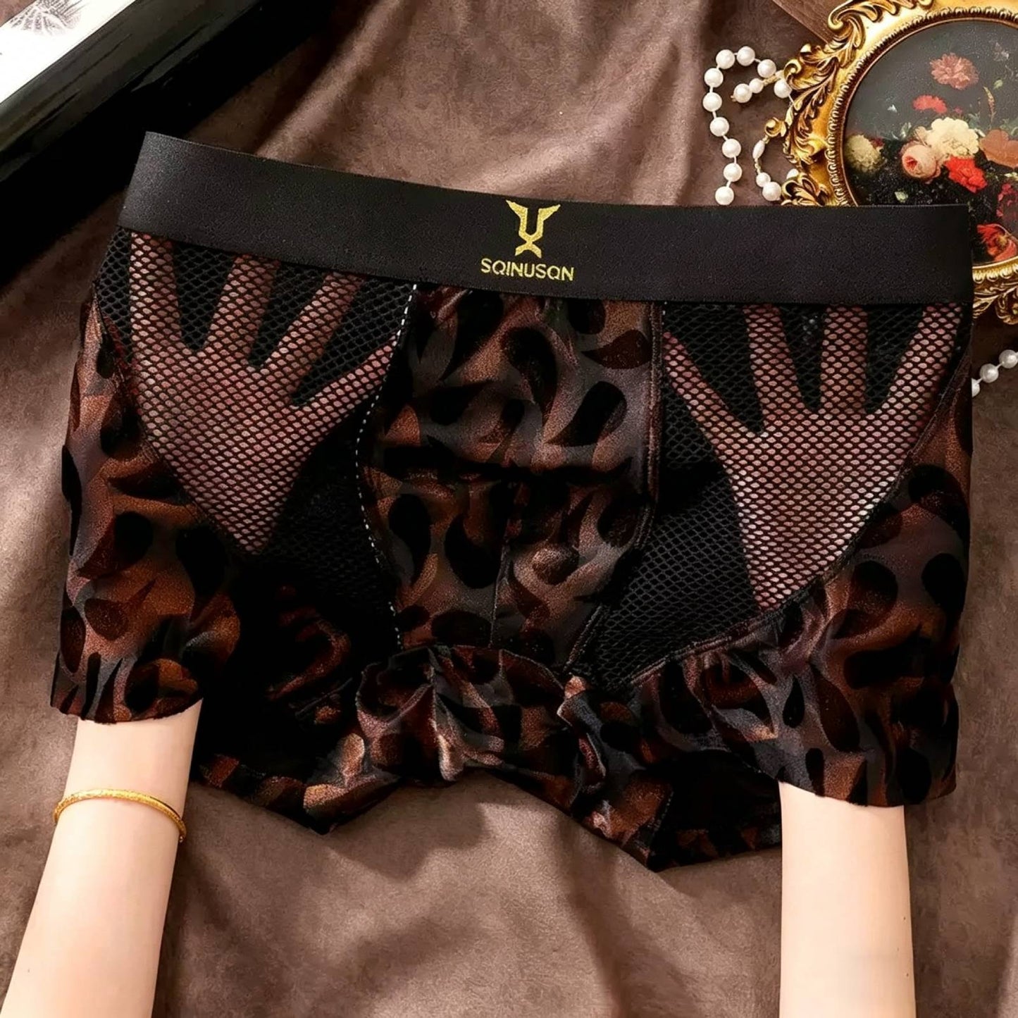 QS Retro Leopard Print Mesh Patchwork Sports Boxer Briefs