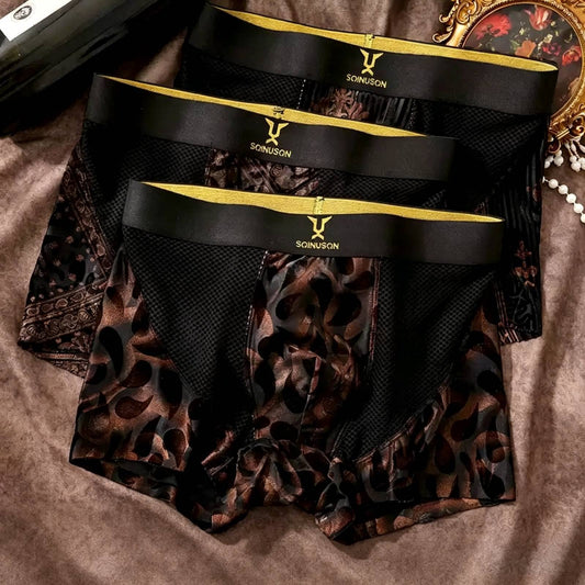 QS Retro Leopard Print Mesh Patchwork Sports Boxer Briefs