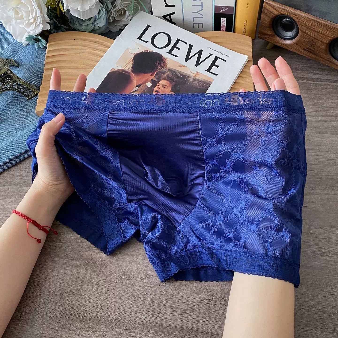 QS Semi-transparent Sexy Lace Boxer Briefs