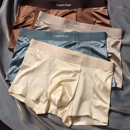 Mesh Panel Satin Texture Wide Waist Boxer Briefs