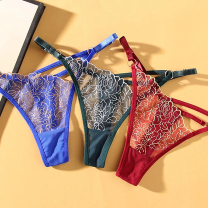 Crisscross Strap Rose Embroidery Hollow Sheer Thong
