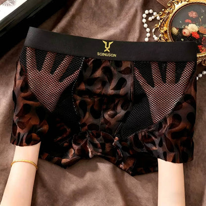 QS Retro Leopard Print Mesh Patchwork Sports Boxer Briefs