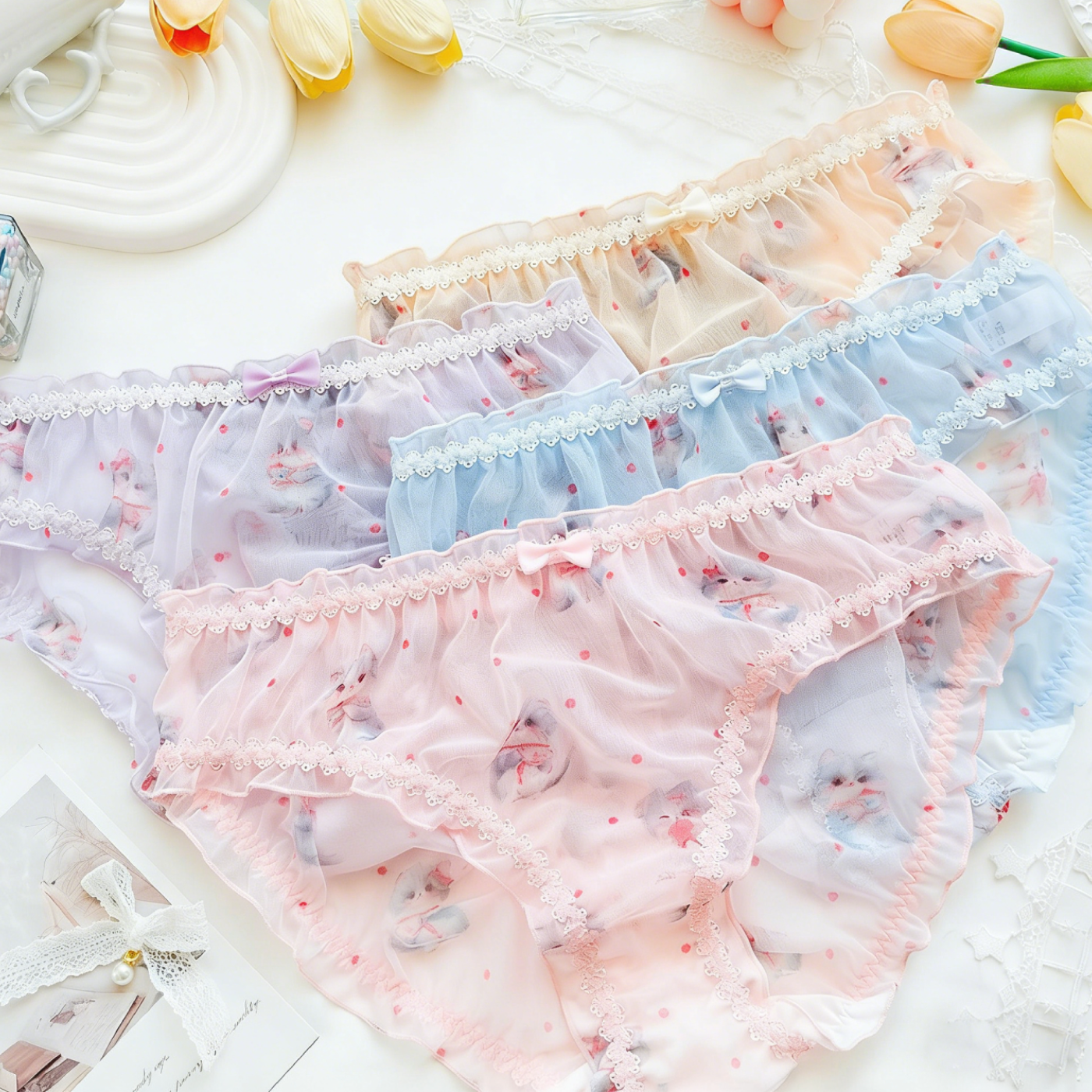 QS Cartoon Cat Bow See-through Briefs (4 Packs)