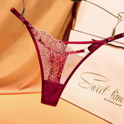 Crisscross Strap Rose Embroidery Hollow Sheer Thong