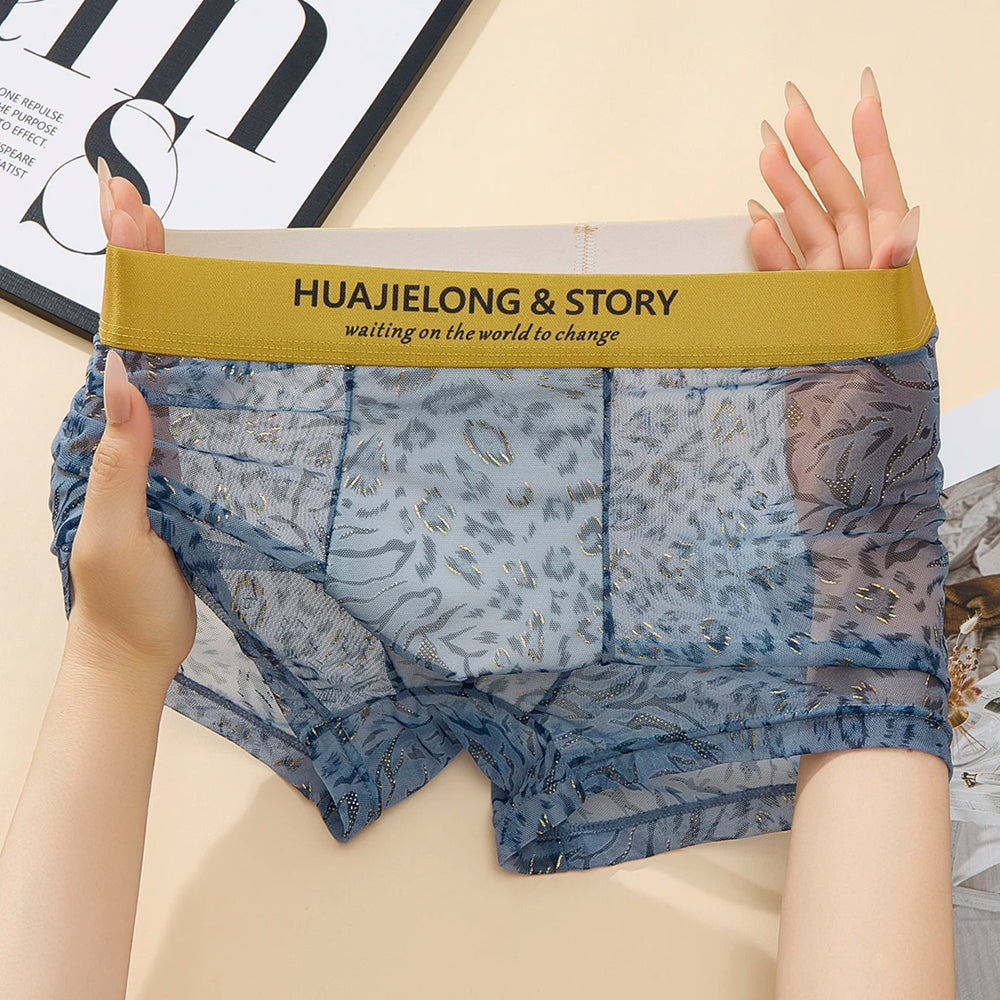 Gold-painted leopard print transparent breathable boxer briefs