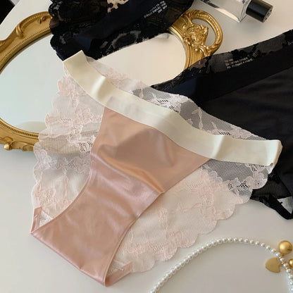 Lace Trim Satin Mid-Rise Briefs