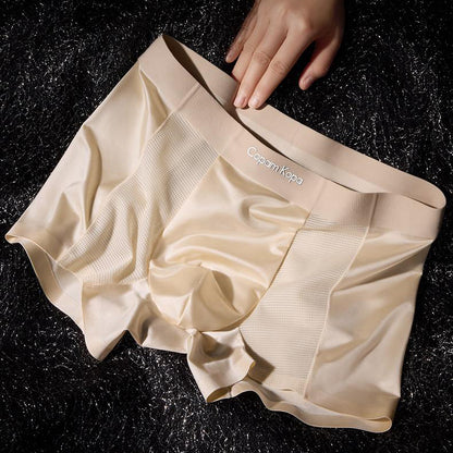 Mesh Panel Satin Texture Wide Waist Boxer Briefs