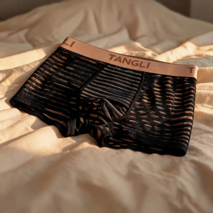 Horizontal & Vertical Stripe Sheer Mesh Embossed Letter Waist Boxer Briefs