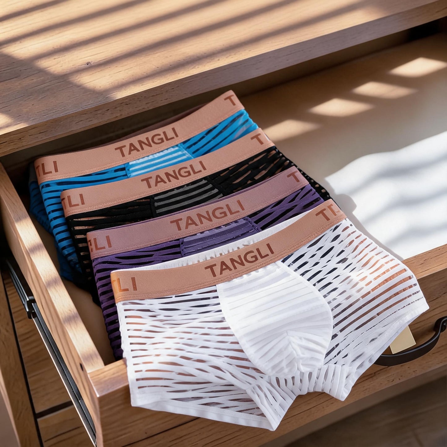 Horizontal & Vertical Stripe Sheer Mesh Embossed Letter Waist Boxer Briefs