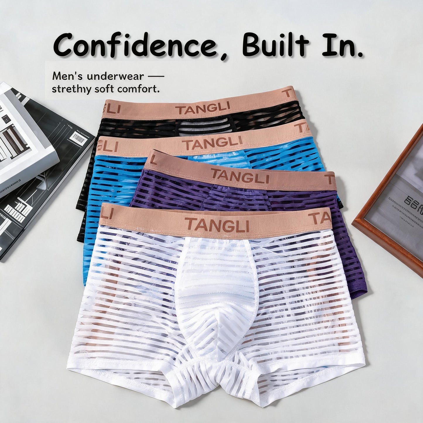 Horizontal & Vertical Stripe Sheer Mesh Embossed Letter Waist Boxer Briefs