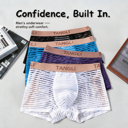 Horizontal & Vertical Stripe Sheer Mesh Embossed Letter Waist Boxer Briefs