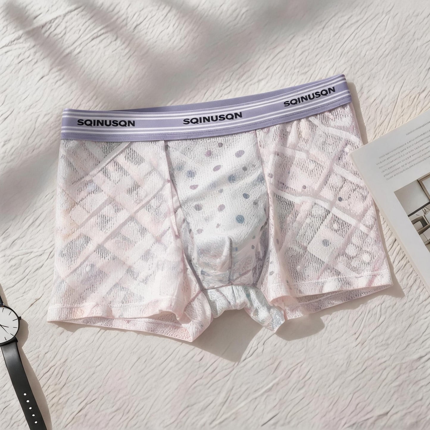 Gradient Geometric Diamond Sheer Stripe Waist Mesh Boxer Briefs