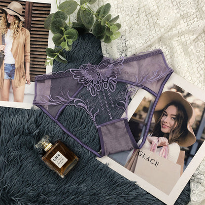 Butterfly Tassel Embroidery Sheer Mesh Mid-Rise Briefs