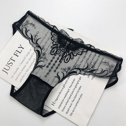Butterfly Tassel Embroidery Sheer Mesh Mid-Rise Briefs
