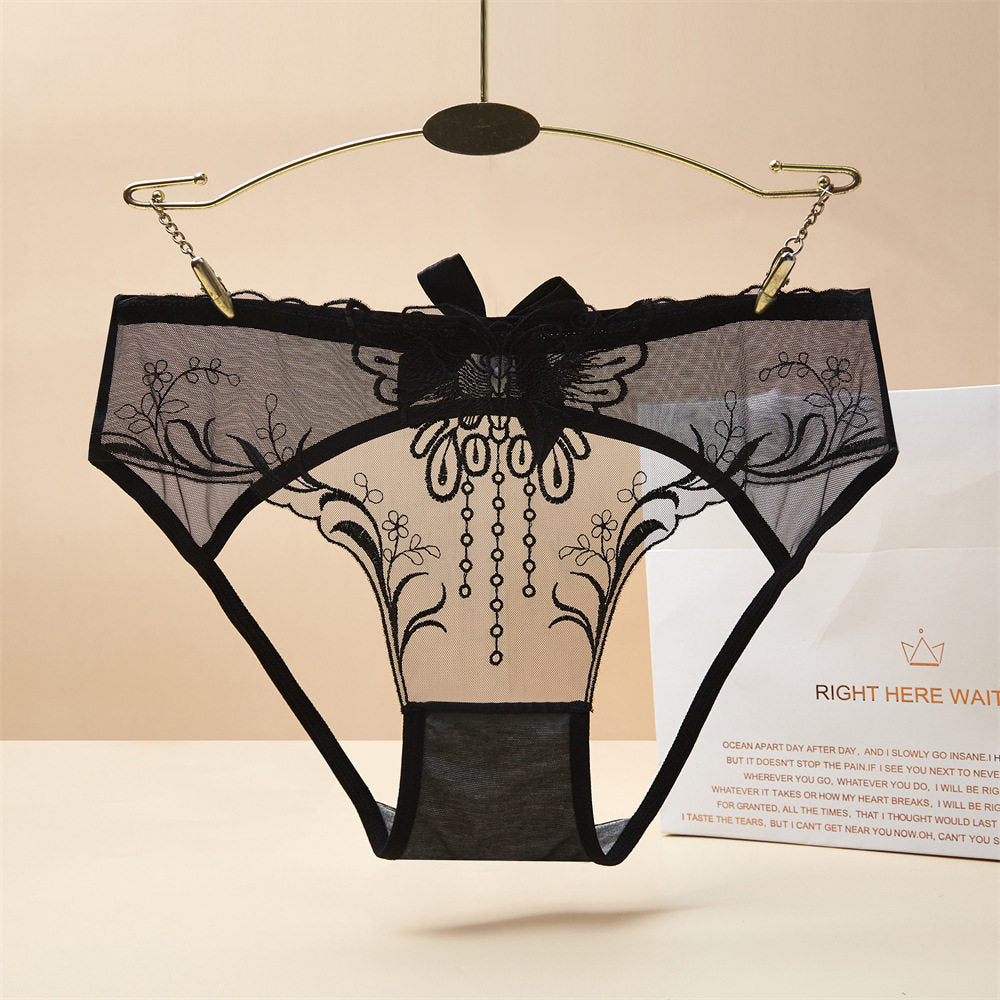 Butterfly Tassel Embroidery Sheer Mesh Mid-Rise Briefs