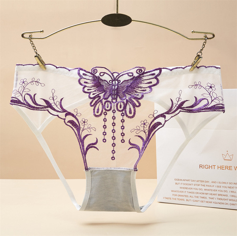 Butterfly Tassel Embroidery Sheer Mesh Mid-Rise Briefs