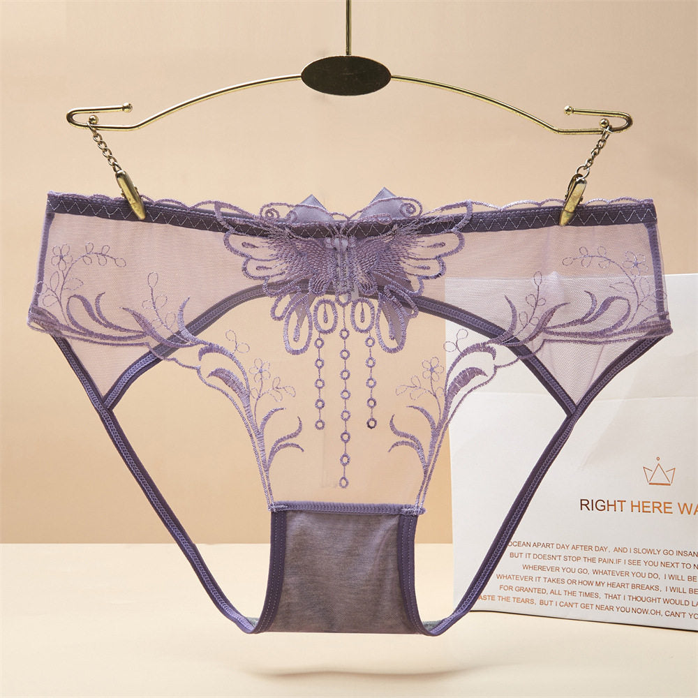 Butterfly Tassel Embroidery Sheer Mesh Mid-Rise Briefs