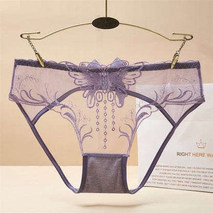 Butterfly Tassel Embroidery Sheer Mesh Mid-Rise Briefs