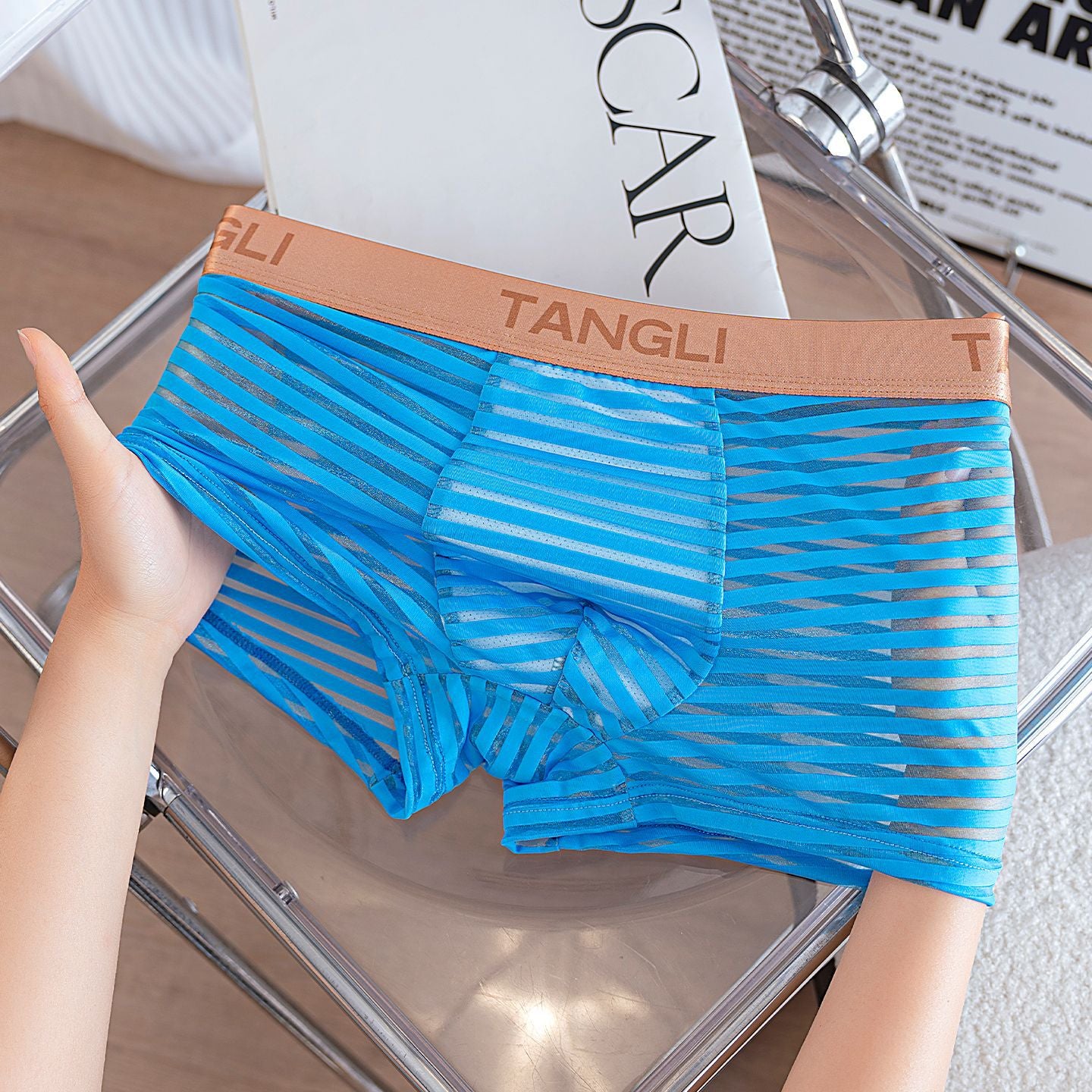Horizontal & Vertical Stripe Sheer Mesh Embossed Letter Waist Boxer Briefs