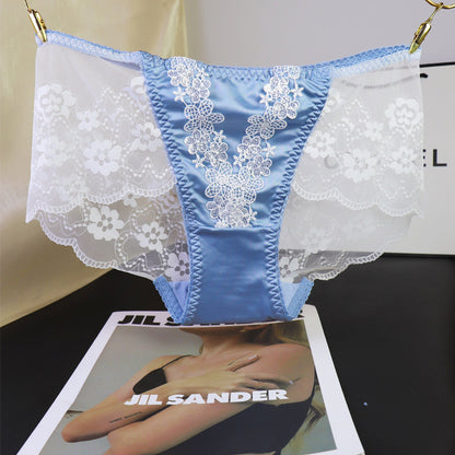 Floral Sequin Embroidery Mesh Lace Satin Splicing Mid-Rise Briefs