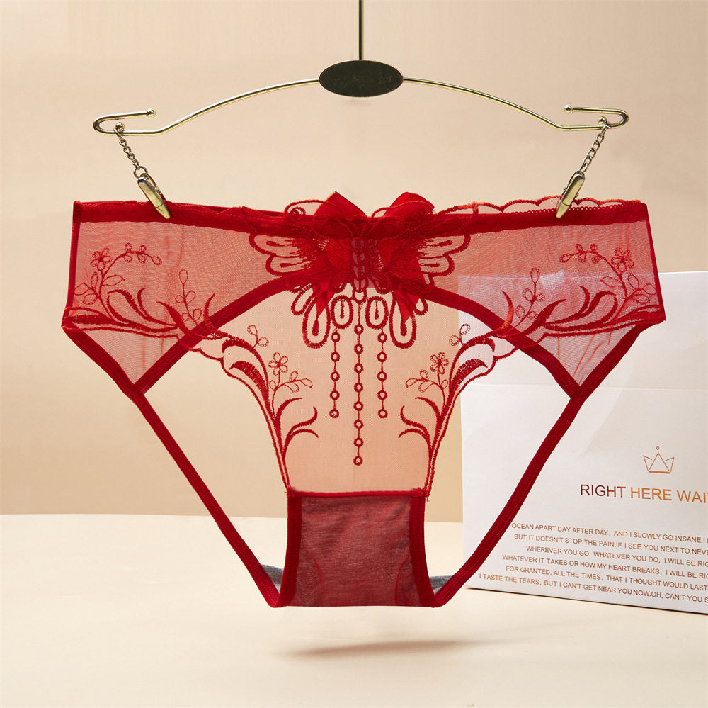Butterfly Tassel Embroidery Sheer Mesh Mid-Rise Briefs