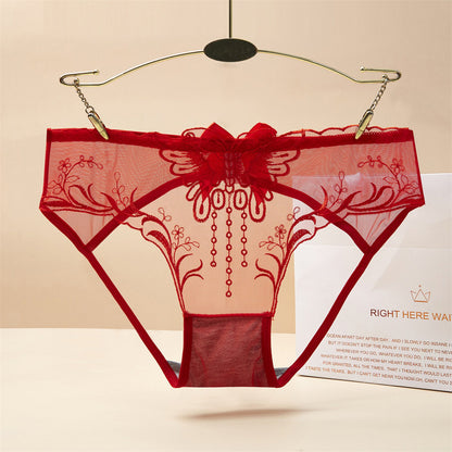 Butterfly Tassel Embroidery Sheer Mesh Mid-Rise Briefs