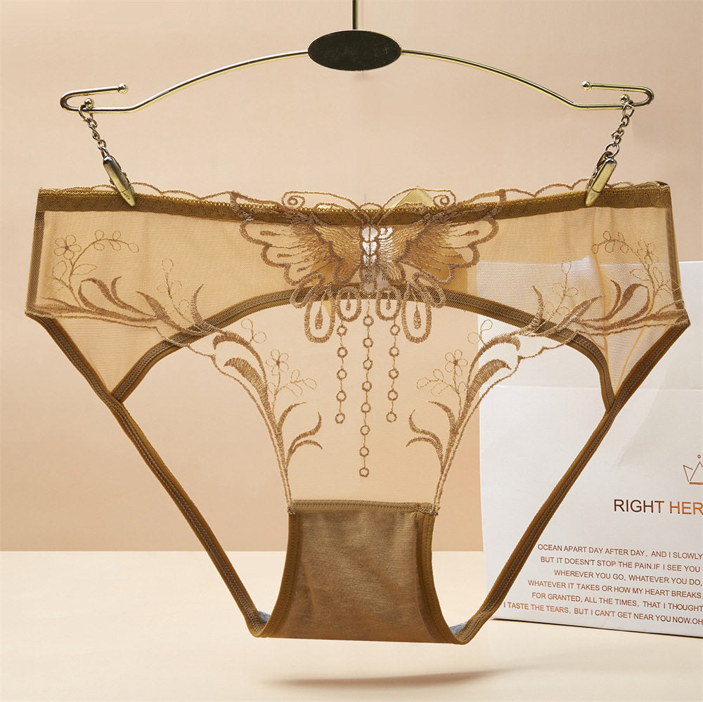 Butterfly Tassel Embroidery Sheer Mesh Mid-Rise Briefs